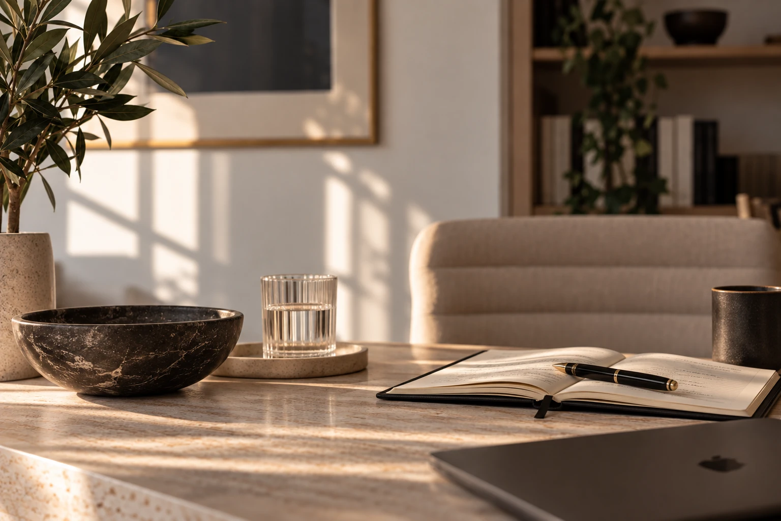A warm sunlit interior with a plant, bowl, water glass, open notebook and pen