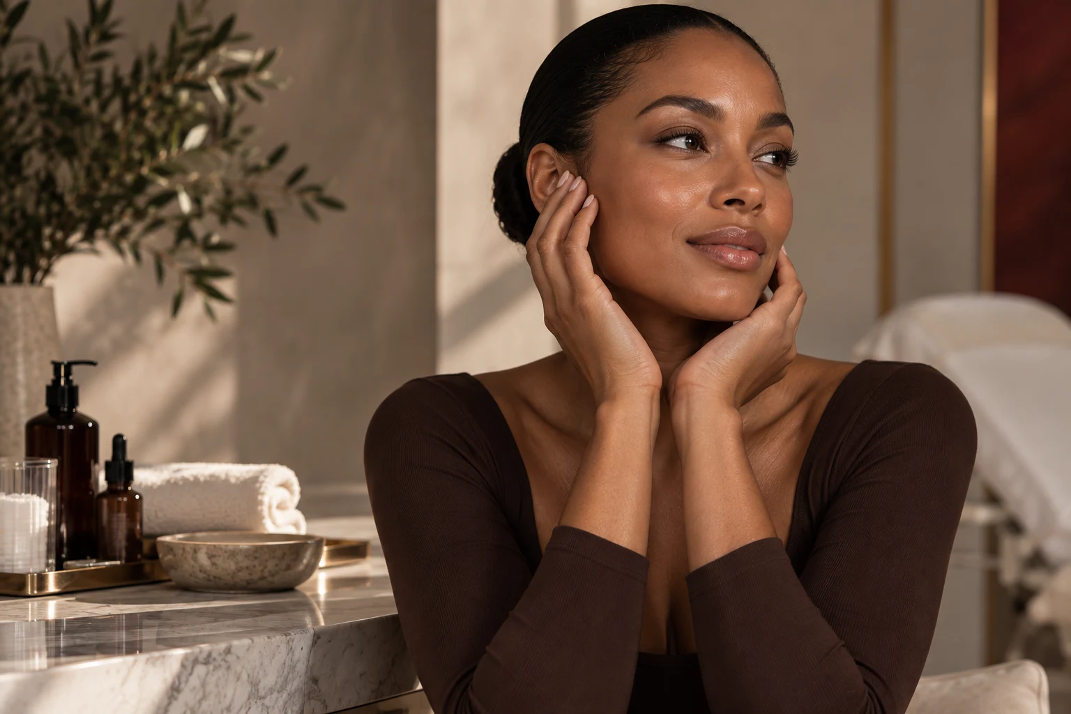 A woman with dark skin gently resting her hands against her face