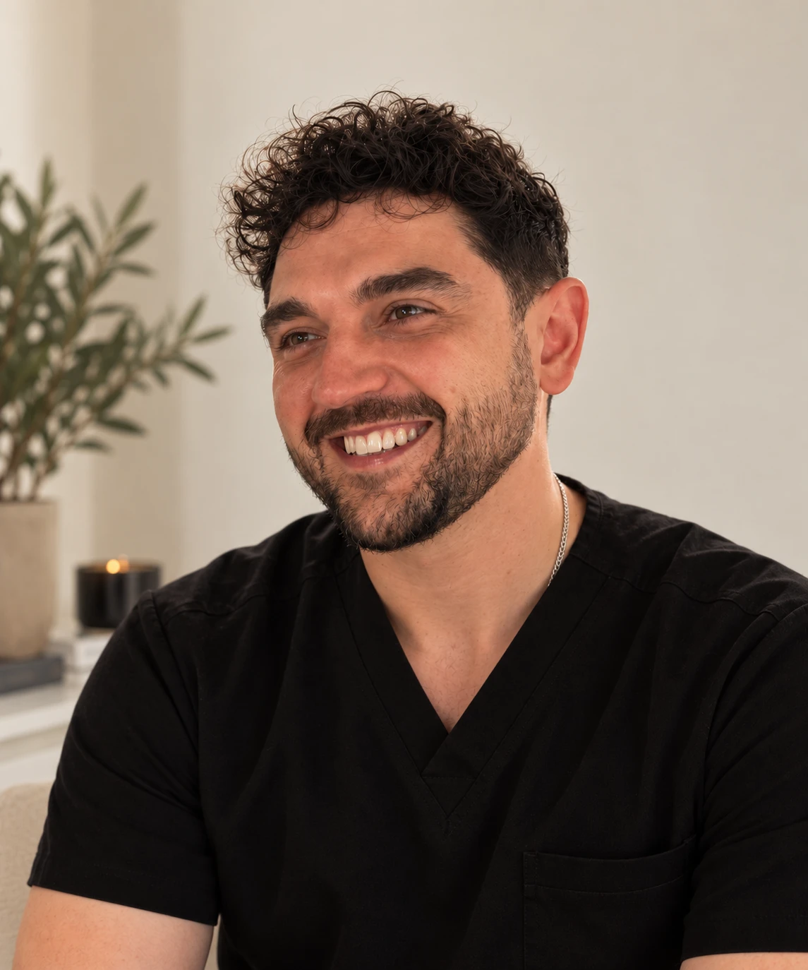 Dale Rae smiling in black clinical scrubs
