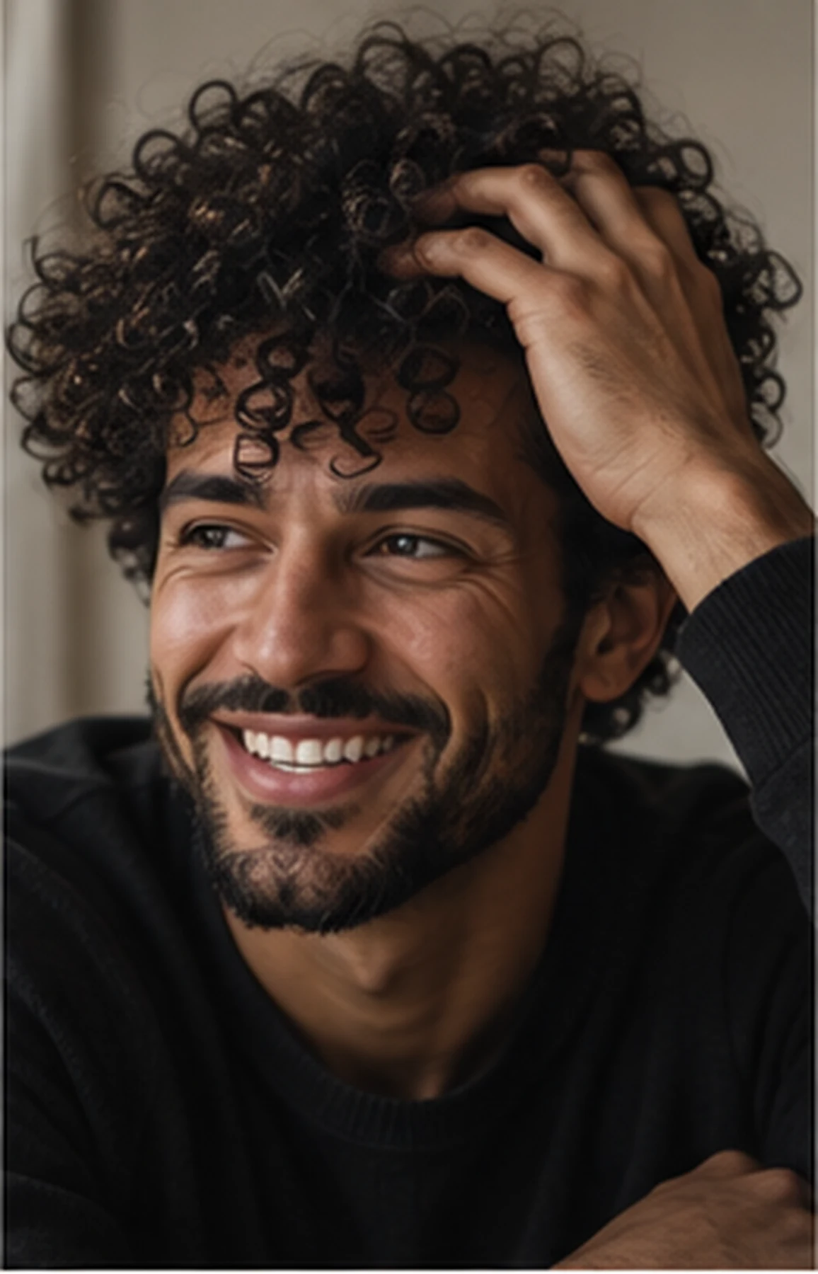 A smiling man with dark curly hair