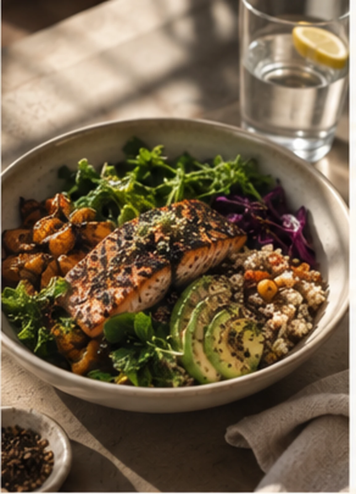 A bowl of salmon, vegetables, avocado and grains in natural light